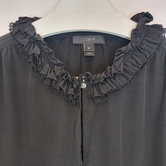 J.CREW Silk Ruffle High Neck Black Blouse Women's 6P Long Sleeves Ruffle Cuffs - Picture 3 of 11